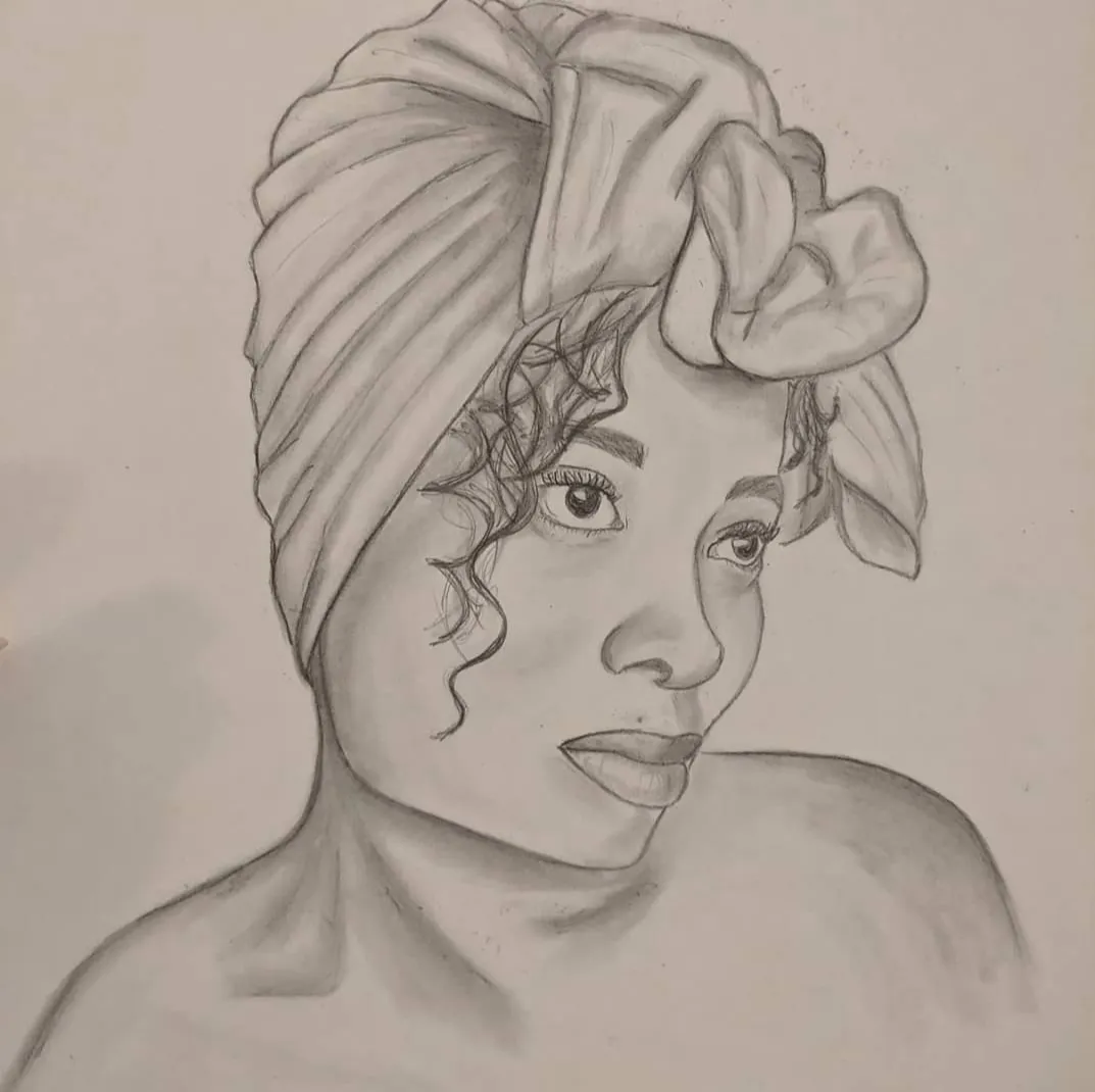 Pencil drawing of a woman in a head wrap with curls falling loose