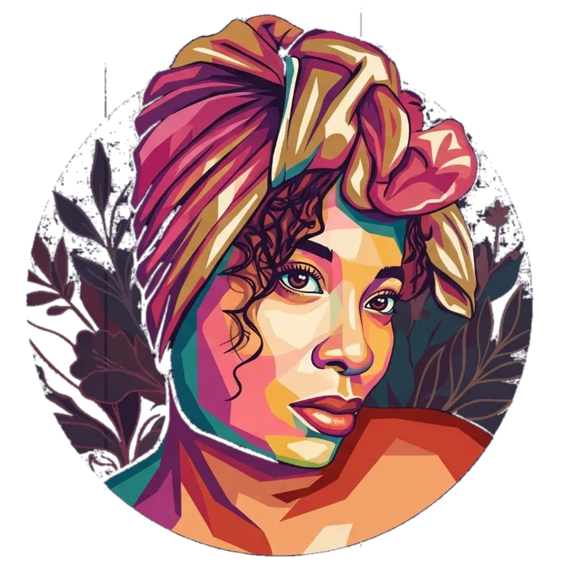 Stylized geometric portrait of a woman in a pink and gold head wrap