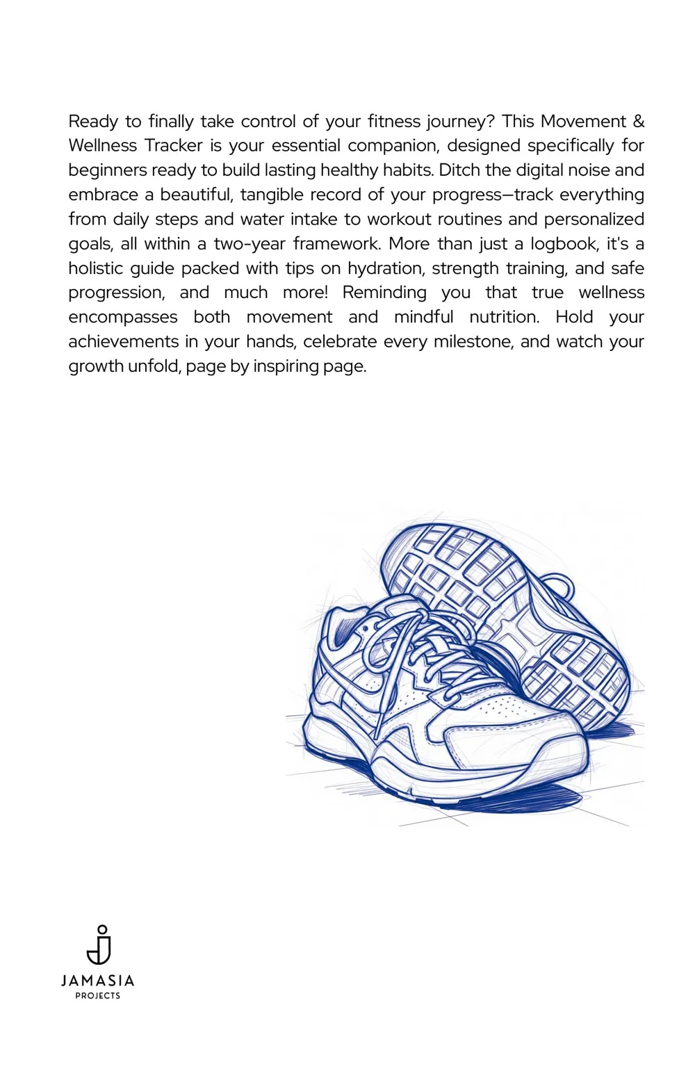 Back cover of the Movement and Wellness Tracker with the navy J stamp at the bottom left