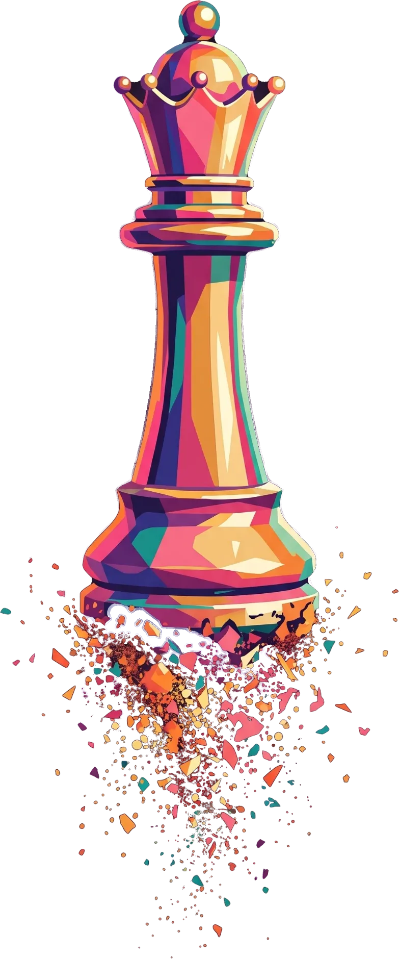 Stylized geometric queen chess piece in pink, gold and teal, crumbling into fragments at its base