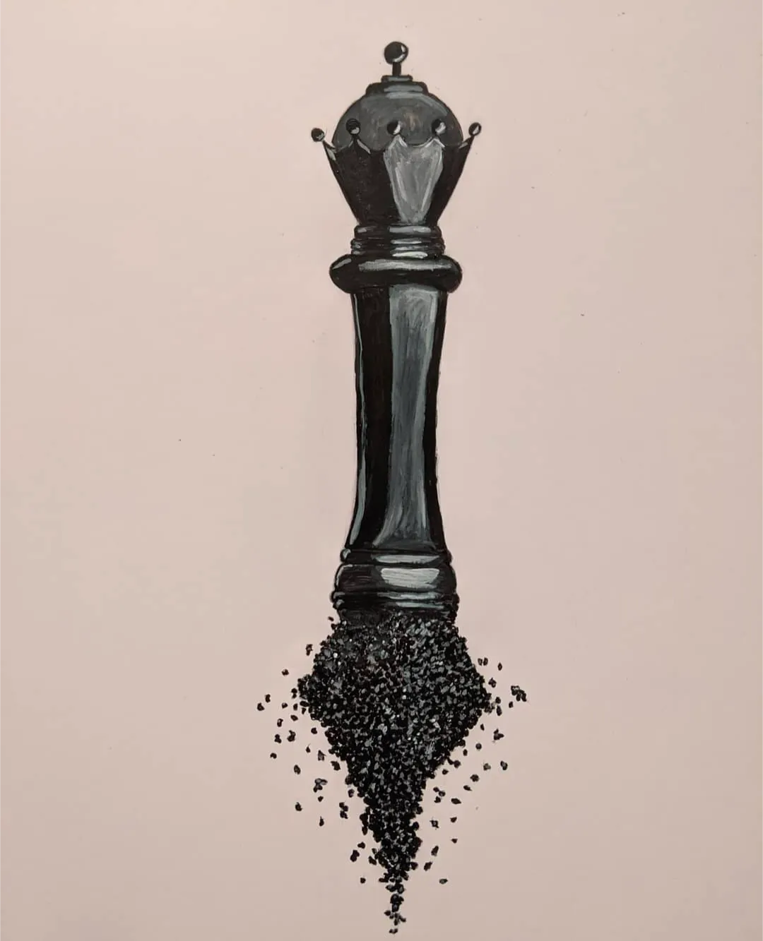 Painting of a black queen chess piece dissolving into fragments at its base